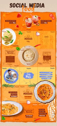 an orange menu with different types of food on the front and back cover, including pasta