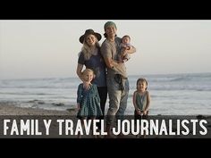 the family travel journalists logo is shown above two adults and three children, standing in front of an ocean