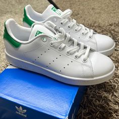 Brand New, Never Worn Comes With Box White With Green Detail Boys Size 4, Fits A Women Size 6.5-7 Adidas School Sneakers, Adidas Sporty Sneakers For School, Sporty Adidas Sneakers For School, Adidas Low-top Sneakers For School, School Sneakers With Lace-up And White Sole, White Sole Slip-on Sneakers For School, Slip-on Sneakers With White Sole For School, Lace-up School Sneakers With Rubber Sole, Lace-up Rubber Sole Sneakers For School