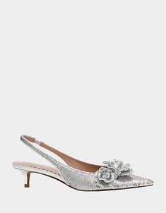 AURORRA SILVER - SHOES - Betsey Johnson Silver Kitten Heels, Kitten Heel Shoes, Floral Heels, Slingback Heel, Blue Jewelry, Flat Boots, Silver Sequin, Sneaker Heels, Slipper Boots