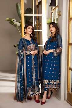 Pakistani Embroidered Salwar Kameez Dupatta in Cobalt Blue Shade Embroidered Salwar, Raw Silk Fabric, Chiffon Sleeves, Pakistani Salwar Kameez, Chiffon Collection, Embroidered Chiffon, Embroidered Dupatta, Chiffon Dupatta, Silk Trousers