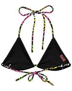 Elevate your rave style with One Stop Rave's exclusive Candy Acid Recycled Triangle Top! This mesmerizing set boasts a trippy print featuring the word "acid" melting in pink, green, white, and yellow hues against a bold black background. Made from soft recycled polyester with double-layering and UPF 50+ protection, this top ensures both comfort and style all summer long. The top comes with removable padding for added comfort, and you can customize your look with multiple ways to tie and style th Fitted Black Swimwear For Music Festival, Black Stretch Swimwear For Music Festival, Trendy Multicolor Swimwear For Music Festival, Fun Triangle Top Swimwear For Festivals, Fun Fitted Black Swimwear, Black Beachwear Swimwear For Music Festival, Black Beachwear For Music Festival, Black Rave Party Swimwear, Pink Triangle Top Swimwear For Festival