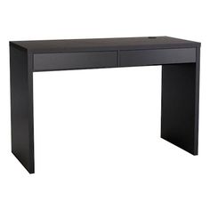 the desk is black and has two drawers on one side, with an open drawer at the top