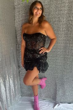 Strapless Black Sequin Ruffle Hem Short Dress Sheer Corset, Winter Formal Dresses, Junior Prom Dresses, Short Gowns, Sequin Appliques, Corset Bodice, Lace Strapless, Short Homecoming Dress, Short Prom Dress