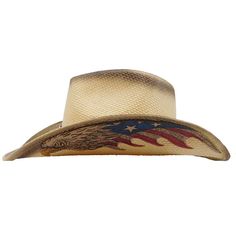 Flying bold eagle leatherette under brim applique. Band with US flag detail and USA star concho center. Aged look contrast trim and crown top. Turned up brim, 4" wide. Pinched, teardrop crown. Elasticized comfort sweatband. One size, fits up to 58.5 cm, M/L Unisex Americana Rodeo Hat With Curved Brim, Americana Curved Brim Hat For Rodeo, Americana Style Curved Brim Hat For Rodeo, Usa Cowboy Hat, Bold Eagle, Us Flag, Cowboy Hat, Contrast Trim, Cowboy Hats