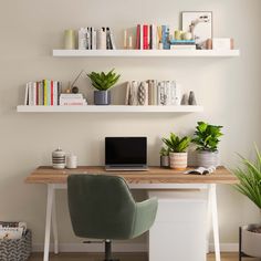 a desk with a laptop, books and plants on it in front of a white wall