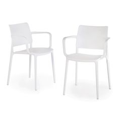 two white chairs sitting next to each other on a white surface with no one in it