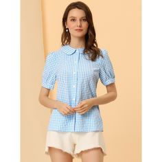 The gingham check pattern and full placket highlight the perfect short sleeve with the button-down of this soft and lightweight shirt. Made of lightweight woven, this versatile top is a summer staple that can be styled with just about anything. Puff sleeves add a bit of feminine touch, and add some flare to your everyday look. Pair it with pants or skirts and heels for an elegant work look. Short Sleeve Gingham Blouse For Work, Gingham Short Sleeve Blouse For Work, Plaid Short Sleeve Summer Blouse, Plaid Short Sleeve Blouse For Work, Summer Plaid Short Sleeve Blouse, Summer Plaid Blouse With Short Sleeves, Spring Plaid Short Sleeve Shirt, Preppy Short Sleeve Plaid Tops, Plaid Short Sleeve Preppy Tops