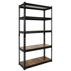 four tier shelving unit with wood shelves on each side and metal brackets at the bottom