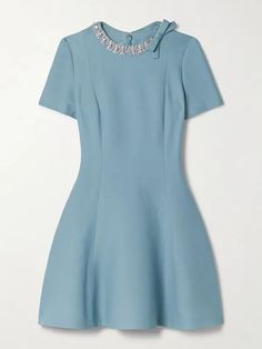 Valentino Garavani Embellished Wool And Silk-blend Mini Dress - Blue | Editorialist Simple Dress, Dress Blue, A Line Skirt, Simple Dresses, Net A Porter, Valentino Garavani, Women Collection, A Line Skirts, Blue Dresses