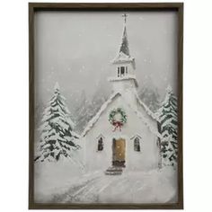 a painting of a white church in the snow with wreaths on it's door