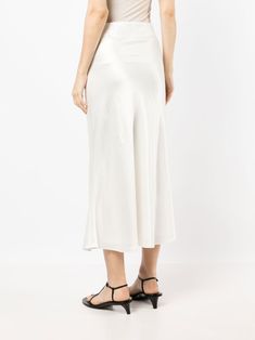 White Silk Party Bottoms, White Formal Midi Bottoms, White Lined Skirt For Evening, White Lined Skirt Bottoms For Evening, Elegant Evening Skirt With Flared Hem, Chic Evening Skirt With Flared Hem, White A-line Formal Bottoms, White Flared Evening Skirt, Chic Flare Evening Skirt