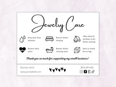 a business card with the words jewelry care written in cursive writing on it