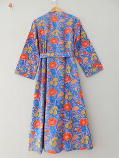 A stunning Block Printed cotton robes at an affordable price. Perfect as a Bridesmaid Robes. Treat yourself to luxurious comfort whether you're winding down for bed, getting ready for the day or simply relaxing by cozying up in this robe. Made from our incredibly soft and lightweight cotton that's perfect for any season of the year, A colorful floral pattern creates a dreamy look in pastel hues that help you relax and unwind, while the cotton tie accent at the waist makes it easy for you to wear Cotton Long Sleeve Spring Gown, Spring Cotton Long Sleeve Gown, Spring Long Sleeve Cotton Gown, Cotton Robes, Cotton Dressing Gown, Printed Kimono, Bath Robes For Women, Kimono Design, Kimono Robes