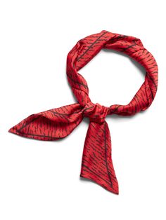 Wear it as a neckerchief or belt, tie it in your hair or on your handbag, this patterned skinny scarf adds an extra pop of color to any outfit.  Length: 50" (127cm) Width: 5" (12. 7cm) Elegant Red Scarf Bandana, Casual Adjustable Scarf Neckwear, Trendy Scarves With Ties For Spring, Trendy Spring Scarves With Ties, Casual Summer Scarf Neckwear, Trendy Bandana Print Silk Scarf For Spring, Trendy Silk Bandana Print Scarf For Spring, Trendy Silk Scarf With Bandana Print For Spring, Elegant Summer Scarves With Bandana Print