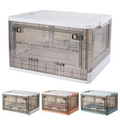 three clear plastic storage boxes with lids and dividers