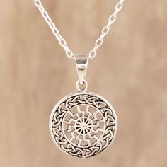 Combining her love for chakras with a Celtic aesthetic, Indian artisan Bhavya Jain creates this stellar pendnat necklace. Crafted from sterling silver, the medallion pendant features intricate Celtic knot openwork that frames a majestic chakra pattern in the center. Spiritual Sterling Silver Medallion Necklace, Symbolic Sterling Silver Pendant Medallion Necklace, Spiritual Large Pendant Medallion Necklace In Sterling Silver, Spiritual Sterling Silver Medallion Necklace With Large Pendant, Large Pendant Medallion Necklace In Sterling Silver, Celtic Aesthetic, Aesthetic Indian, Celtic Patterns, Sterling Silver Dangle Earrings