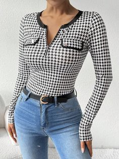 Women's Elegant Sexy Houndstooth Print Long Sleeve T-Shirt Black and White Casual  Long Sleeve Knitted Fabric Colorblock,Houndstooth,Plaid  Medium Stretch  Women Clothing, size features are:Bust: ,Length: ,Sleeve Length: Black Houndstooth Winter Top, Fitted Houndstooth Top For Fall, Fitted Houndstooth Pattern Tops For Fall, Fitted Houndstooth Tops For Winter, Fitted Houndstooth Pattern Tops For Winter, Casual Black Houndstooth Top, White Long Sleeve Houndstooth Top, Trendy Fitted Houndstooth Tops, Fitted White Houndstooth Top