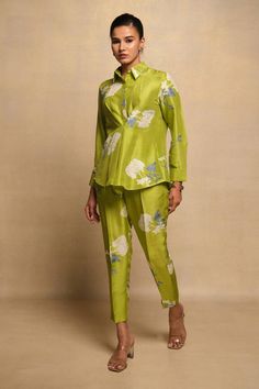 Lime green full cuff sleeves shirt style collared silk top with all over flora print. Paired with a matching pant. - Aza Fashions Chic Green Long Sleeve Sets, Semi-formal Long Sleeve Sets For Spring, Festive Green Silk Pant Set, Silk Pant Set With Long Sleeves For Summer, Silk Matching Set For Spring, Green Silk Formal Set, Silk Long Sleeve Pant Set For Summer, Formal Silk Sets With Floral Print, Green Floral Print Pant Set For Spring