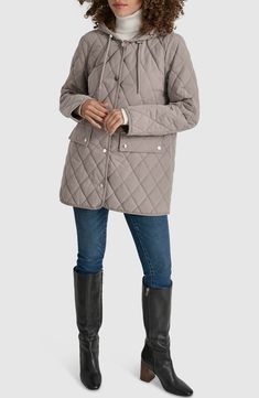 Diamond quilting adds sleek style to the essential puffer coat outfitted for the cold forecast with a drawcord-toggle hood. Front snap closure Drawcord-toggle hood Front snap-flap patch pockets Lined, with 100% polyester fill 83% polyester, 17% nylon Machine wash, tumble dry Made in Vietnam Quilted Long Sleeve Jacket With Drawstring Hood For Fall, Quilted Jacket With Drawstring Hood For Fall, Fall Quilted Jacket With Adjustable Hood For Cold Weather, Quilted Parka For Cold Weather, Solid Color Hooded Quilted Jacket, Hooded Quilted Jacket, Puffer Coat Outfit, Kids Uggs, Sleek Style