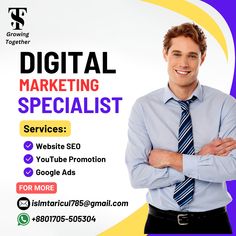 a man with his arms crossed standing in front of a sign that says digital marketing specialist