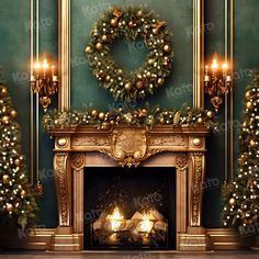 a christmas fireplace with candles and wreaths on the mantle in front of green walls