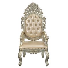 an ornately decorated chair with beige leather upholstered on the back and arms