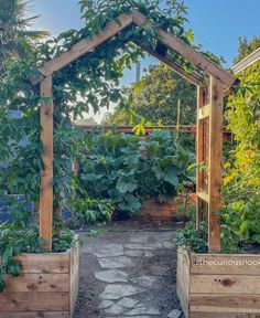 an outdoor garden with wooden planters and trelliss on the sides, surrounded by greenery