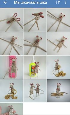 several pictures of mouses made out of clothes pins