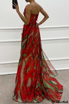 Olivia Mark - Flower-Patterned Striped Chiffon Maxi Evening Gown with Irregular Shoulder Red Organza Dress For Summer, Summer Red Organza Dress, Multicolor Printed Chiffon Maxi Dress, Printed Chiffon Maxi Dress, Red Floor-length Chiffon Dress For Summer, Green Printed Chiffon Dress, Multicolor Floral Print Organza Dress, Red Chiffon Maxi Dress With Floral Print, Green Floral Print Chiffon Party Dress