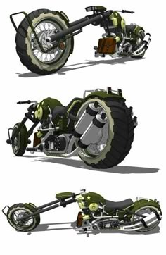 three different views of a motorcycle with the front and rear wheels facing each other,