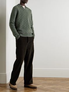 DESIGNED BY MR PORTER. Mr P. pays close attention to knitwear textures. This sweater is made from wool stitched to create a checked effect and has an open polo collar for a relaxed, retro look. Cozy Wool Polo Sweater For Work, Casual Cable Knit Polo Sweater For Work, Casual Wool Polo Sweater With Textured Knit, Mr P, Sweater For Men, Polo Sweater, Long Sleeve Polo Shirt, Loungewear Shorts, Green Wool