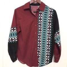 Vintage Handmade pearl snap button shirt - men’s size medium - color: maroon/black/teal/white - geometric print down one size & on sleeves - maroon pearl snap buttons - condition: very good Measurements: shown in pictures Armpit to armpit 19.5 inches Length 25.5 inches Sleeve 22 inches B13 Western Style Long Sleeve Tops For Festival, Western Tops For Women, Navajo Print, Western Blouse, Button Shirts Men, Western Wear Outfits, Pearl Snap Shirt, Square Dance, Country Fashion Women