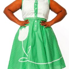 Swing Dress Is A Classic Midcentury Shirtwaist Style. Lightweight Polka Dotted Cotton.The Partial Button Up Front Is Topped By A White Darted Bodice With Green Polka Dots While Contrast Colors Highlight The Classic Collar And Sleeveless Design. Swing Skirt With Seamed Waist Cinched With Included Belt, Outfitted With Side Pockets And A Gorgeous Floral Embellishment, Structured To Provide An Additional Pocket! Sleeveless Dress With Button Closure For Garden Party, White Retro Dress With Button Closure, White Retro Dress With Buttons, Retro White Dress With Buttons, Floral Embellishment, Green Polka Dot, Colored Highlights, Size 16 Dresses, Clothing Ideas