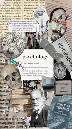 the collage has many different things in it, including books and skulls on them