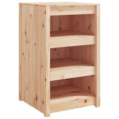 a wooden shelf with three shelves on each side