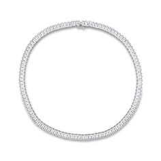 With an endless row of baguette-cut white lab-created sapphires, this shimmering tennis necklace makes a bold statement of style. Crafted in sterling silver This look glistens with 6.0 x 4.0mm baguette-cut white lab-created sapphires. This 18.0-inch necklace secures with a tongue and groove clasp. Cubic Zirconia Tennis Necklace With Baguette Cut Diamonds, Silver Baguette Cut Classic Tennis Necklace, Classic Silver Baguette Cut Tennis Necklace, Classic Tennis Necklace With Baguette Diamonds For Formal Events, Classic Baguette Diamond Tennis Necklace For Formal Events, Classic Baguette Diamond Tennis Necklace For Formal Occasions, Diamond White Baguette Cubic Zirconia Tennis Necklace, Diamond White Cubic Zirconia Tennis Necklace With Baguette Diamonds, Luxury Cubic Zirconia Tennis Necklace With Baguette Diamonds