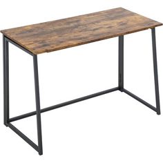 a wooden table with metal legs on a white background