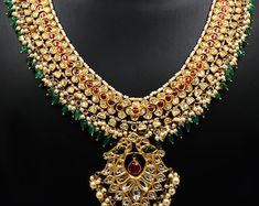 22k Gold Diamond Emerald Necklace, 22k Gold Ruby Necklace, Ethnic Diamond Jewelry, Gold Moughal Necklace, Jadau - Etsy Ceremonial 22k Gold Meenakari Jewelry, Round Kundan Gemstone Necklace, Kundan Gemstone Round Necklace, 22k Gold Kundan Pendant Necklace For Diwali, Yellow Gold Kundan Necklace For Diwali, Gold Temple Jewelry Necklace With Gemstone, Yellow Gold Kundan Bridal Necklace, Gold Gemstone Temple Jewelry Necklace, Round Gemstone Necklaces For Festivals