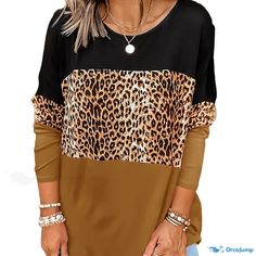 Orcajump - Women's T-Shirt Casual Loose Leopard Round Neck Long Sleeve Color Block T-Shirt Elegant Fabric, Home T Shirts, Pocket Tshirt, Style Elegant, Dance Wear, Color Block, Fashion Shoes, Casual Shirts, Round Neck