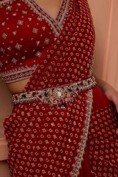 Red raw silk belt with multi-colored jewel stones and zardosi embroidery. - Aza Fashions Isha Gupta, Jewel Stones, Zardosi Embroidery, Red Jewel, Embroidered Belt, Red Belt, Belt Accessories, Raw Silk, Aza Fashion