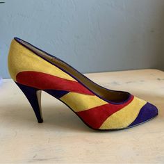 Gvc, Never Worn Size 6 Circa 80s *Please See All Photos. Photos Are Considered A Part Of The Description. Last Two Pictures Show Stain On Inside Heel Of One Shoe And The Top Of The Foot Bed Pulling Up Slightly. Never Worn Morgan Taylor Heels Yellow, Red, And Purple Suede. Very Comfortable Padded Area For The Balls Of Your Foot Made In Spain Fast Shipper Add 2 Or More Items To A Bundle For An Automatic Discount New To Poshmark? Use Code Aim79 When You Sign Up To Save $10 On Your First Order! Vintage Yellow Pointed Toe Heels, Vintage Yellow Heels With Round Toe, Vintage Multicolor High Heels, Retro Multicolor High Heels, Retro Yellow High Heels, Retro Yellow Heels For Party, Yellow Retro High Heels, Vintage Yellow Heels For Summer, Yellow Retro Heels For Party