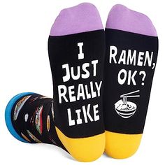 Ramen SocksThese unisex ramen noodle socks feature eggs and bowls of ramen with chopsticks at the top. At the bottom, there is a funny saying "I JUST REALLY LIKE RAMEN, OK?".Size & PackageOur unisex design fits most men's US size 6-13 feet and most women's US size 7 and up. Each pair of funny socks comes in a plastic zippered bag.Quality MaterialOur novelty socks are made of 80% cotton, 15% polyamide, and 5% elastane to ensure they are soft, comfortable, stretchy, and breathable. They won't fade Ramen Gifts, Food Socks, Socks Gifts, Noodles Lover, Silly Socks, Holiday Socks, Japanese Gifts, Zippered Bag, Ramen Noodle