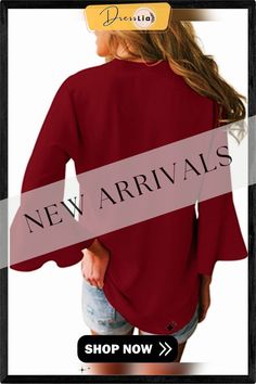 Women Casual Solid 3/4 Sleeve V-neck Tops Trendy 3/4 Sleeve Blouse For Fall, Solid Color Fall Blouse With 3/4 Sleeves, Trendy Fall Tops With 3/4 Sleeves, Trendy Fall 3/4 Sleeve Tops, Trendy 3/4 Sleeve Tops For Fall, Stretch Long Sleeve Top For Fall, Casual Long Sleeve Top With 3/4 Sleeves, Fall Workwear Bell Sleeve Top, Fall Bell Sleeve Tops For Work