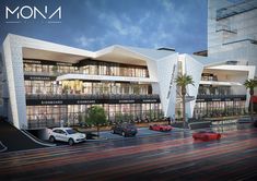 an artist's rendering of the exterior of a modern building with cars parked in front