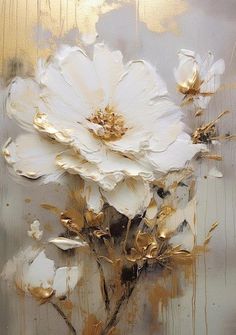 an abstract painting of white flowers with gold leaves