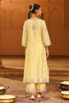 Lemon yellow silk chanderi A-line kurta with kashmiri tilla and parsi gara embroidery. Comes with palazzo and a silk organza dupatta. - Aza Fashions Elegant Chanderi Palazzo Set With Cutdana, Transitional Yellow Traditional Wear With Dori Work, Elegant Yellow Traditional Wear For Festive Occasions, Yellow Tissue Silk Kurta With Zari Work, Elegant Cotton Silk Palazzo Set With Dori Work, Elegant Yellow Sharara With Traditional Drape, Elegant Designer Yellow Anarkali Set, Elegant Yellow Anarkali Set For Designer Wear, Elegant Yellow Traditional Wear With Cutdana