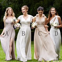 the bridesmaids are all wearing different styles of dresses