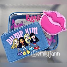 New With Tag Adorable Bratz Characters Cosmetic Bag Set Set Of 3 Large Bag : 8 1/2” In 6 1/2” In 2 1/2” Medium Bag : 6 1/4” In 4 1/2” Small Bag : 5” In 3 3/4” Glittery Butterfly Details Plastic, Denim Gorgeous Set Compact Blue Bags For Daily Use, Pink Bags With Case For Daily Use, Compact Pink Zipper Pouch Bag, Trendy Pink Pouch Cosmetic Bag, Pink On-the-go Cosmetic Pouch, Pink Bag With Removable Pouch For Personal Use, Trendy Pink Pouch For Personal Use, Trendy Blue Pouch For Personal Use, Cute Pink Compact Bag