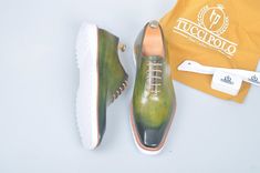 TucciPolo Limited Edition Sporty Handmade Luxury Greenish Mens Italian Leather Oxford Style Sneaker - offering superior comfort and exquisite design. Shop 2018 Tuccipolo Collection of top quality mens Luxury Handmade Italian leather designer Shoes. Leather : Hand polish Italian Leather Sole:Eva Sole Color: Green This is a made-to-order product. Each pair will be made upon receipt of order and shipped in approximately 15 days. Because our shoes are hand-painted and couture-level creations, each s Luxury Green Leather Shoes, Luxury Green Leather Shoes With Rubber Sole, Luxury Green Leather Shoes With Round Toe, Designer Green Low-top Custom Sneakers, Green Luxury Low-top Custom Sneakers, Luxury Green Sneakers With Leather Sole, Green Casual Custom Sneakers With Leather Sole, Designer Green Leather Shoes With Round Toe, Custom Green Low-top Sneakers With Leather Sole